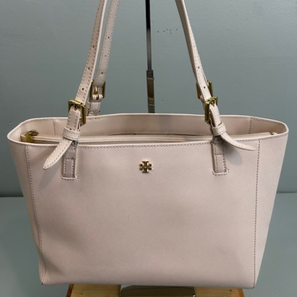 Tory Burch Saffiano Leather Zip Tote Shoulder Bag Neutral
